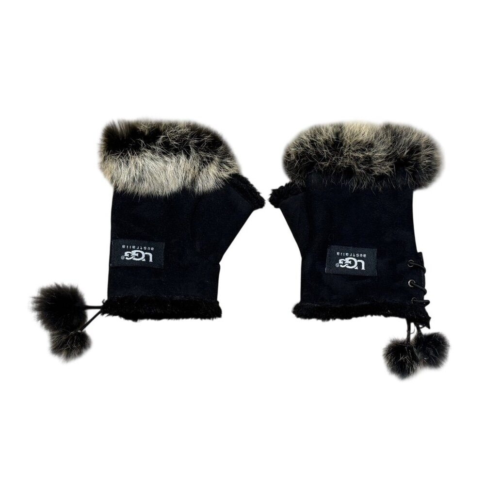 UGG Australia Womens Fingerless Gloves Black Suede Fur Trim Lace Up